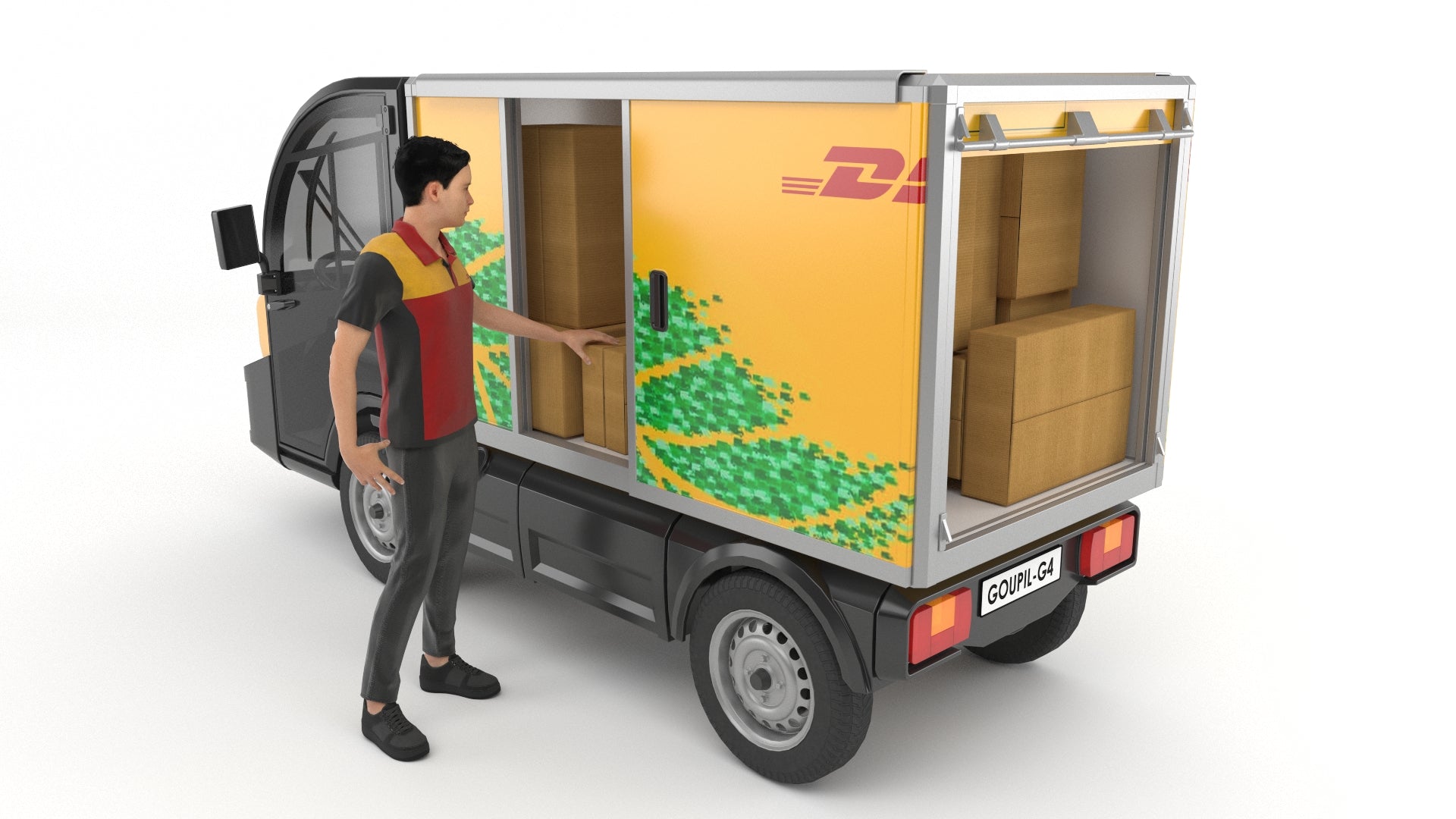 DHL Delivery man with electric utility vehicle